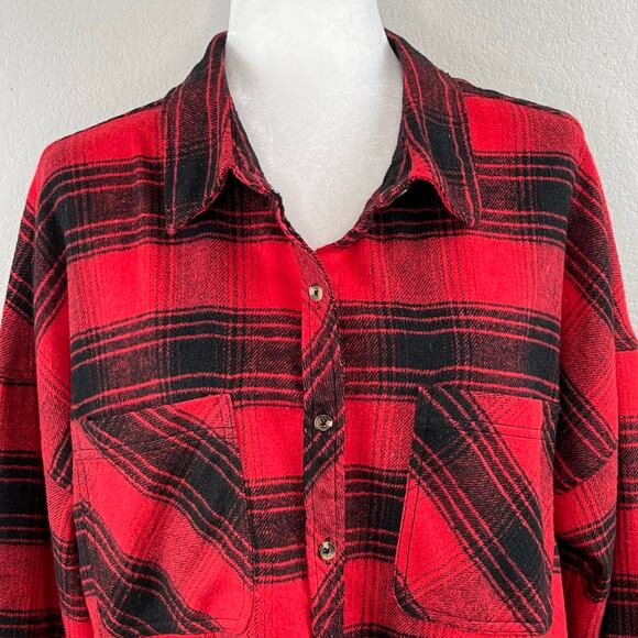Ci Sono Red Black Plaid Flannel Button Front Long Sleeve Crop Shirt Shacket XL - Picture 4 of 10